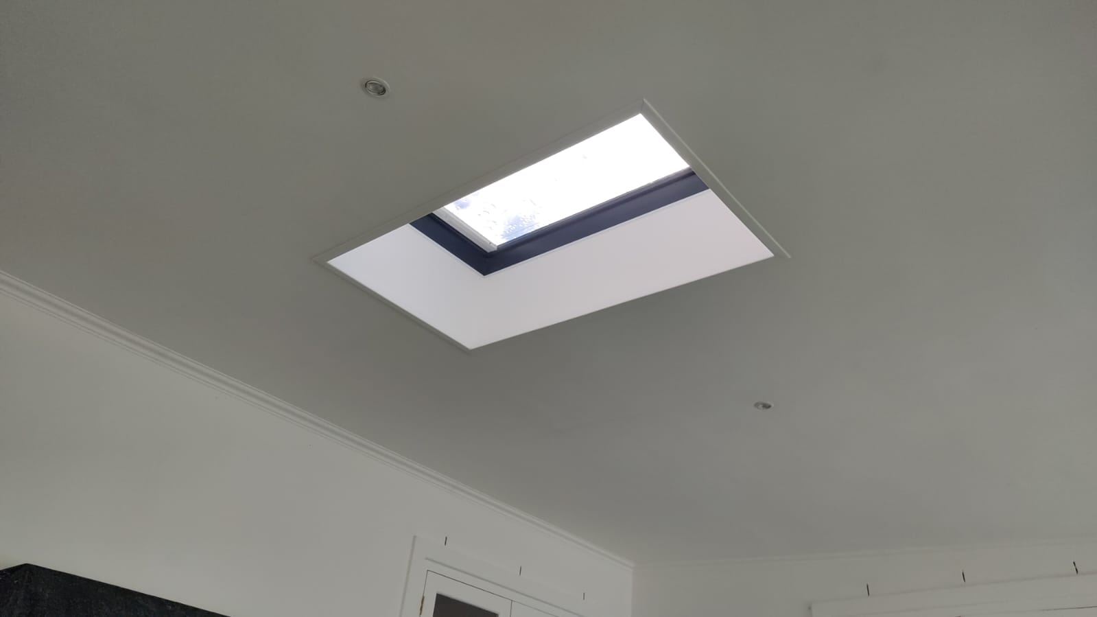 Large flat skylight in a white plastered ceiling — bright, clean interior result